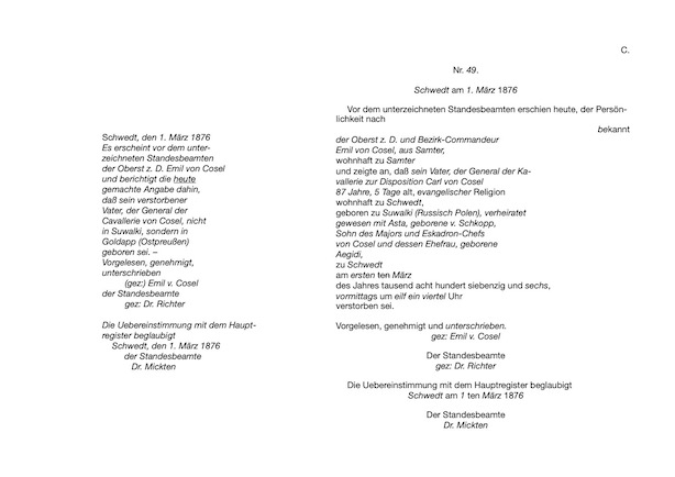 Sterbeurkunde Carl von Cosel